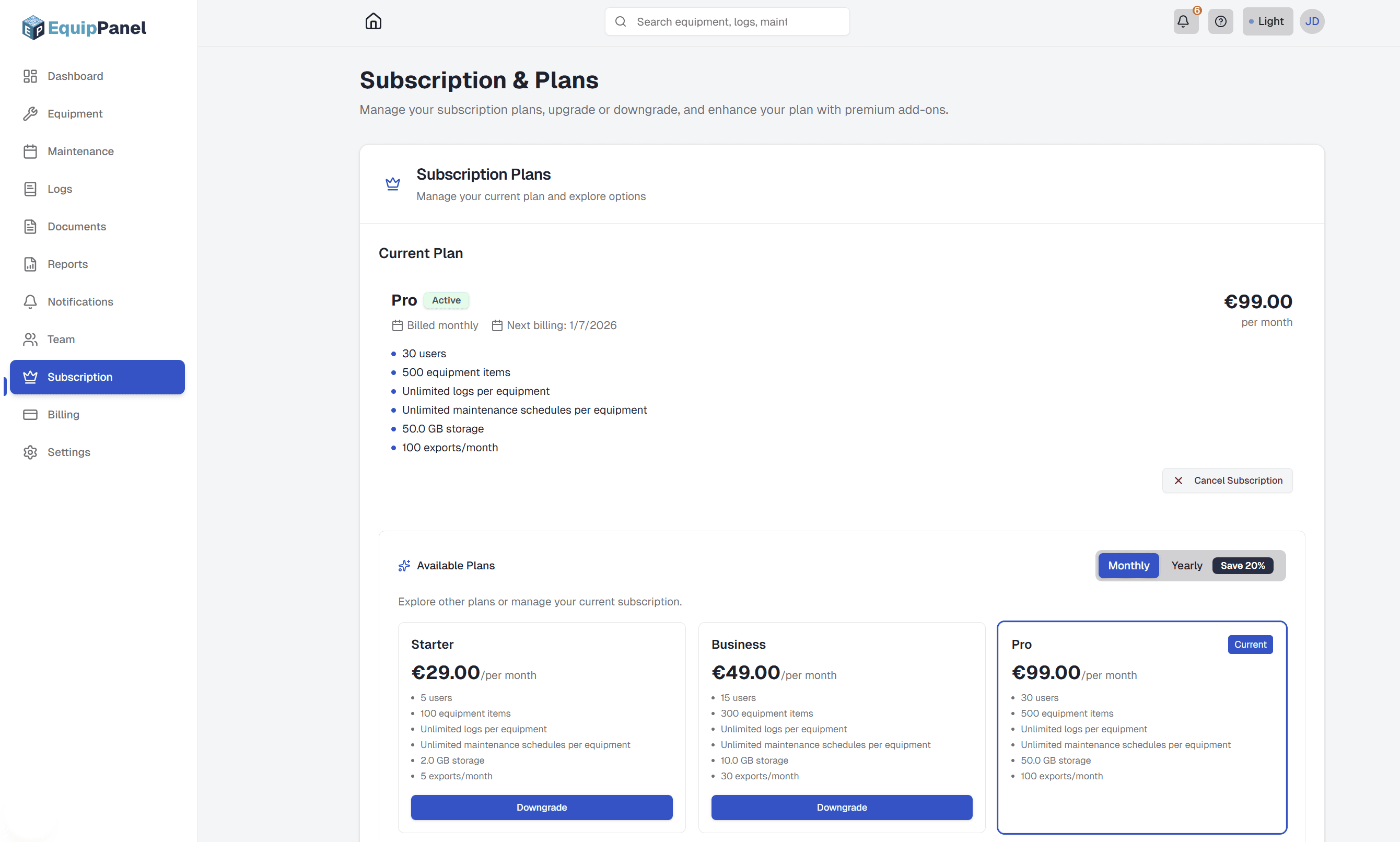Subscription page showing current plan highlighted card, available plans grid with pricing and feature lists, upgrade/downgrade buttons, add-ons section, and billing information