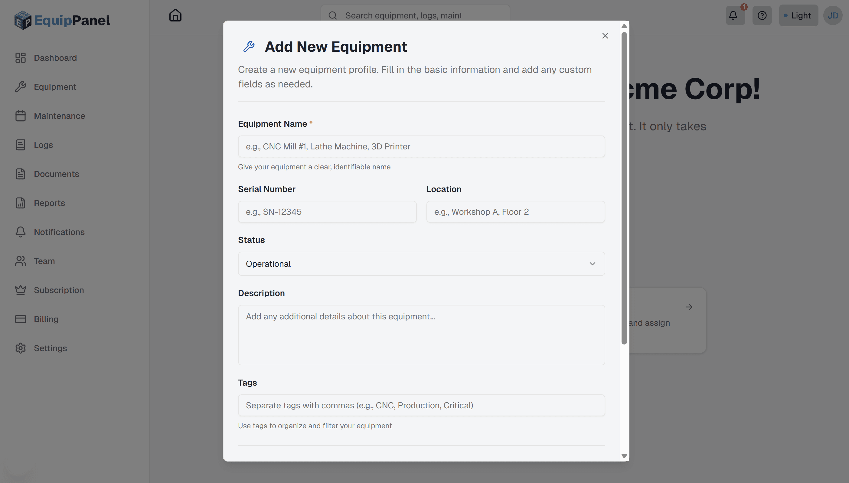 EquipPanel dashboard showing the 'Add Equipment' form with equipment name field, serial number field, location dropdown, custom fields section, and document upload area