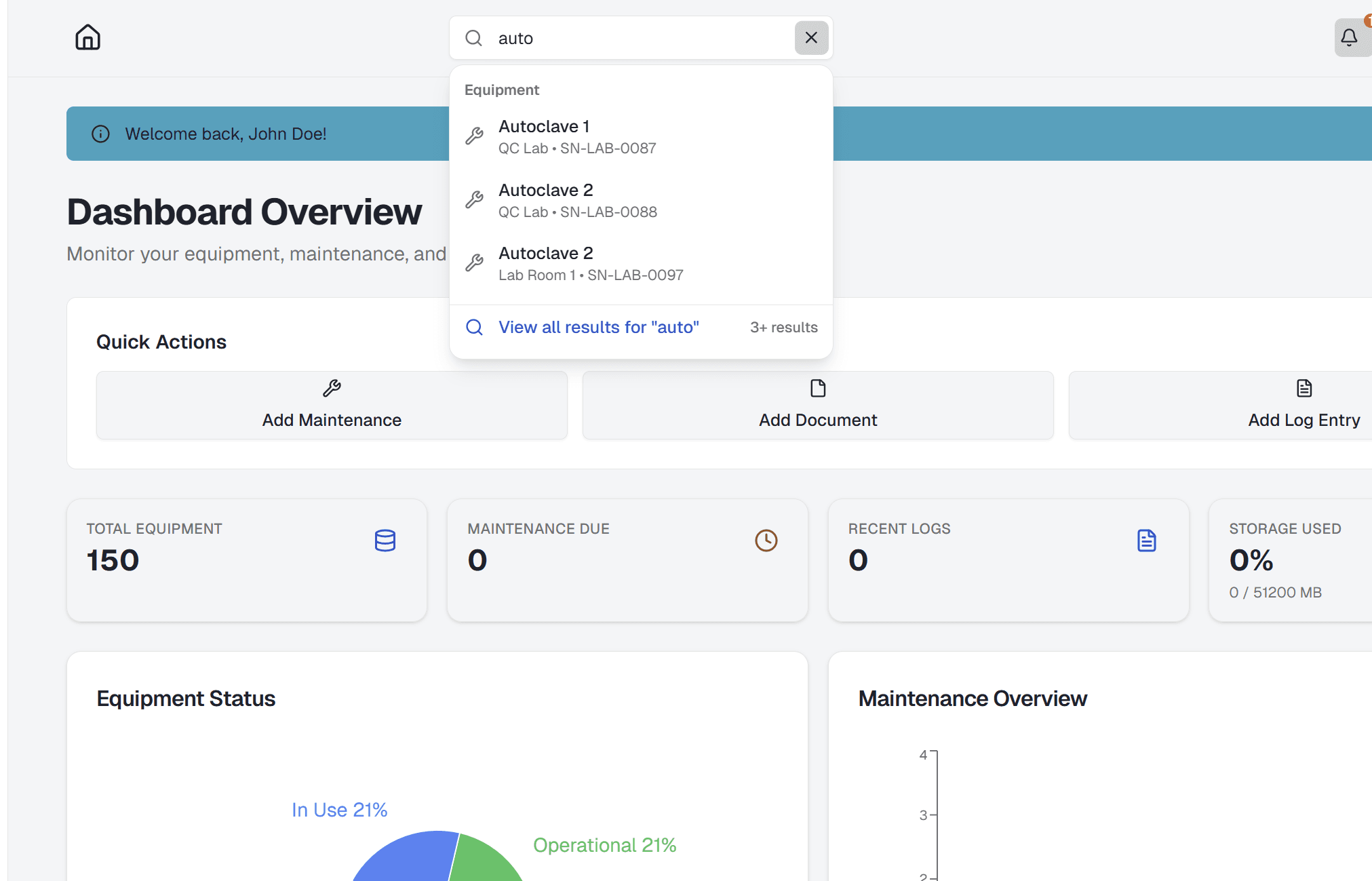 Global search dropdown/overlay showing search input field, search results grouped by category (Equipment, Maintenance, Logs, Documents, Team) with category headers, keyboard shortcut hint, and View all results link