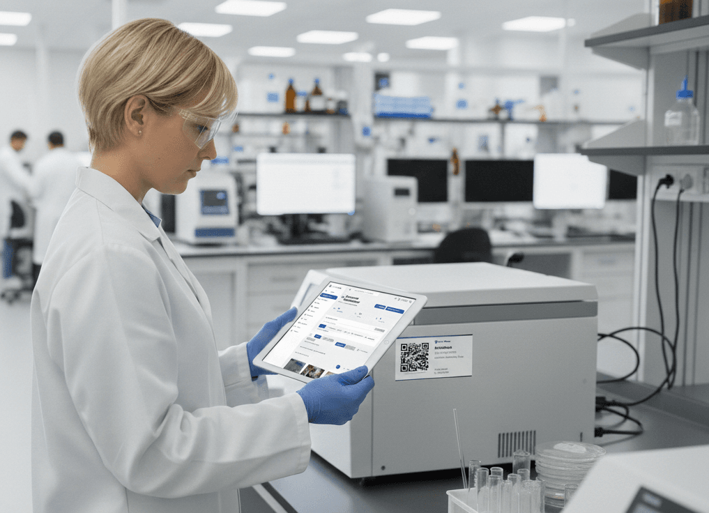 Person in lab coat using EquipPanel on tablet in modern laboratory setting