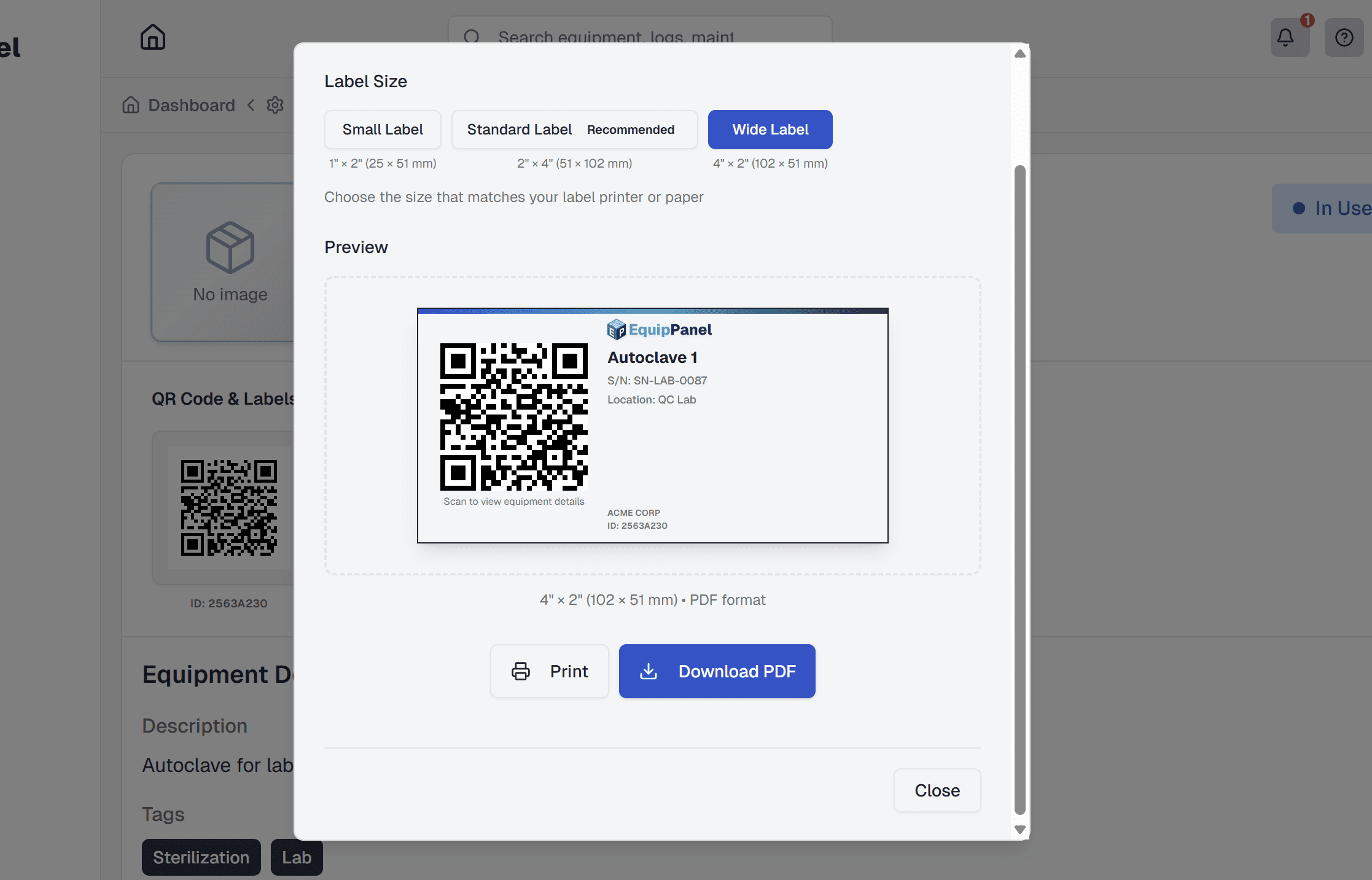 QR code label creation interface showing label settings modal with size options, orientation selector, preview of label with QR code, equipment name, serial number, location, and company logo