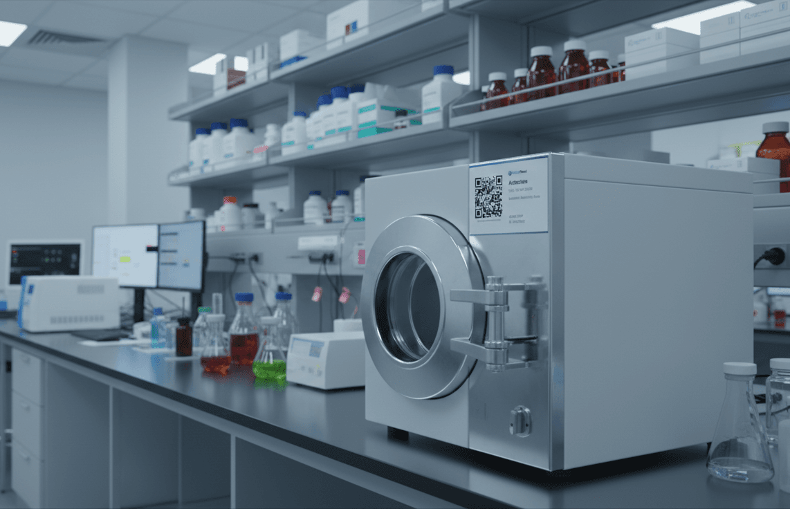 Photo showing QR code label attached to equipment (autoclave) with mobile phone scanning it. Durable label with QR code clearly visible, equipment in background, phone screen showing equipment profile page with information. Real workshop/industrial environment demonstrating practical usage.