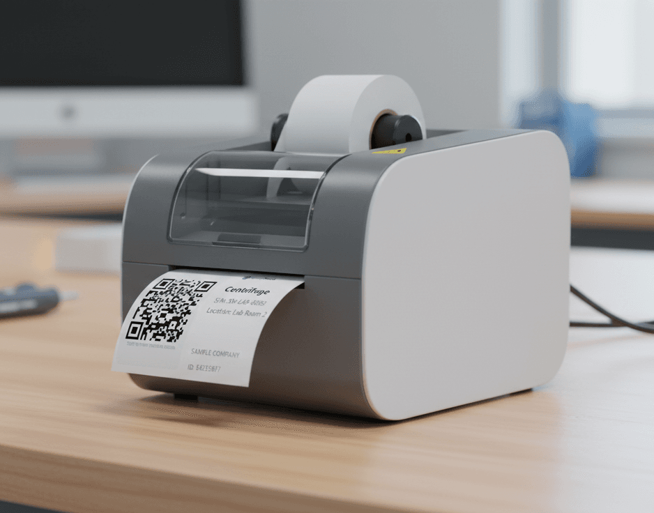 Photo showing multiple QR code labels being printed or already printed. Shows QR codes on durable labels/stickers, batch printing setup, or labels being applied to equipment in a real-world workshop environment