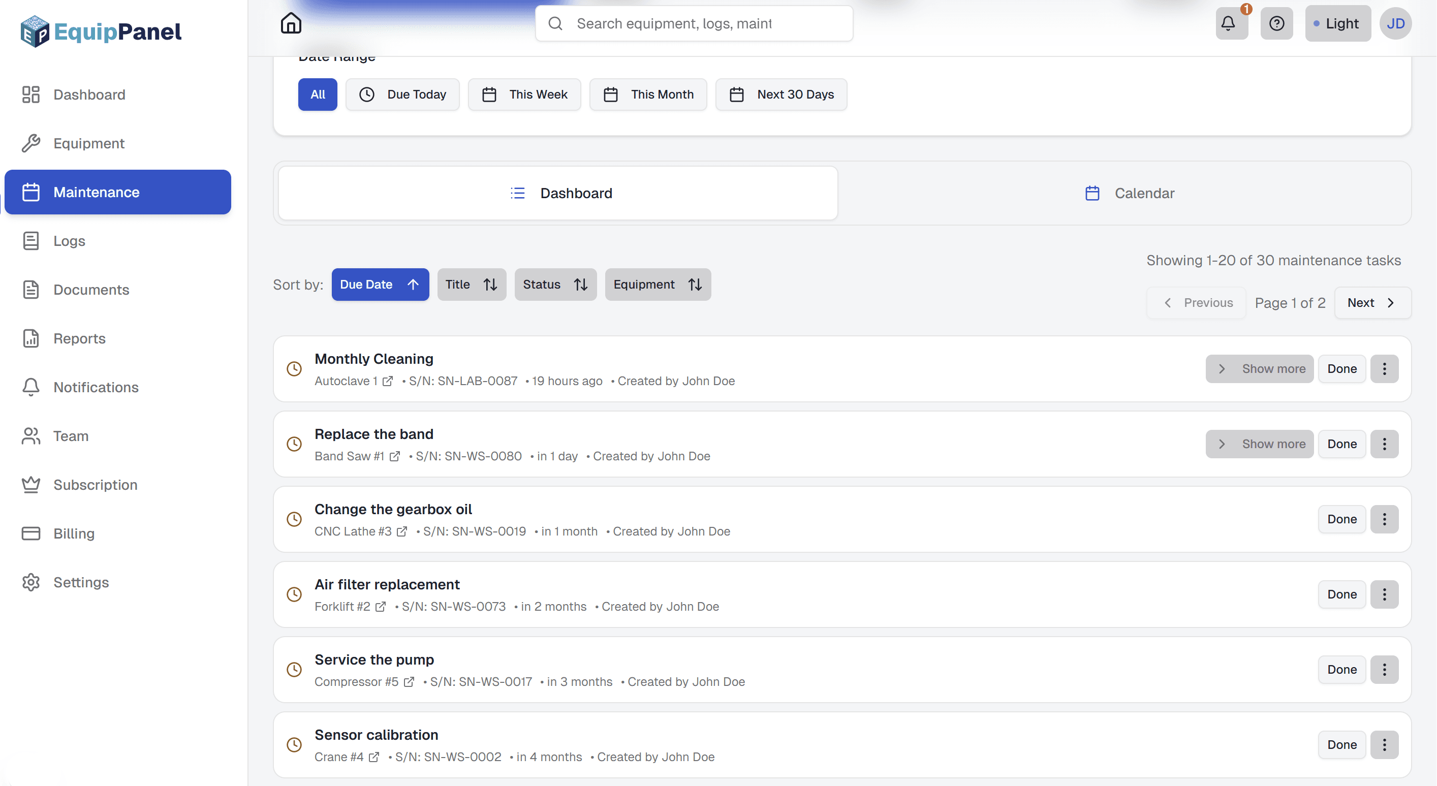Maintenance dashboard Overview tab showing maintenance schedule list with equipment name, next due date, status indicators, action buttons, and tab navigation