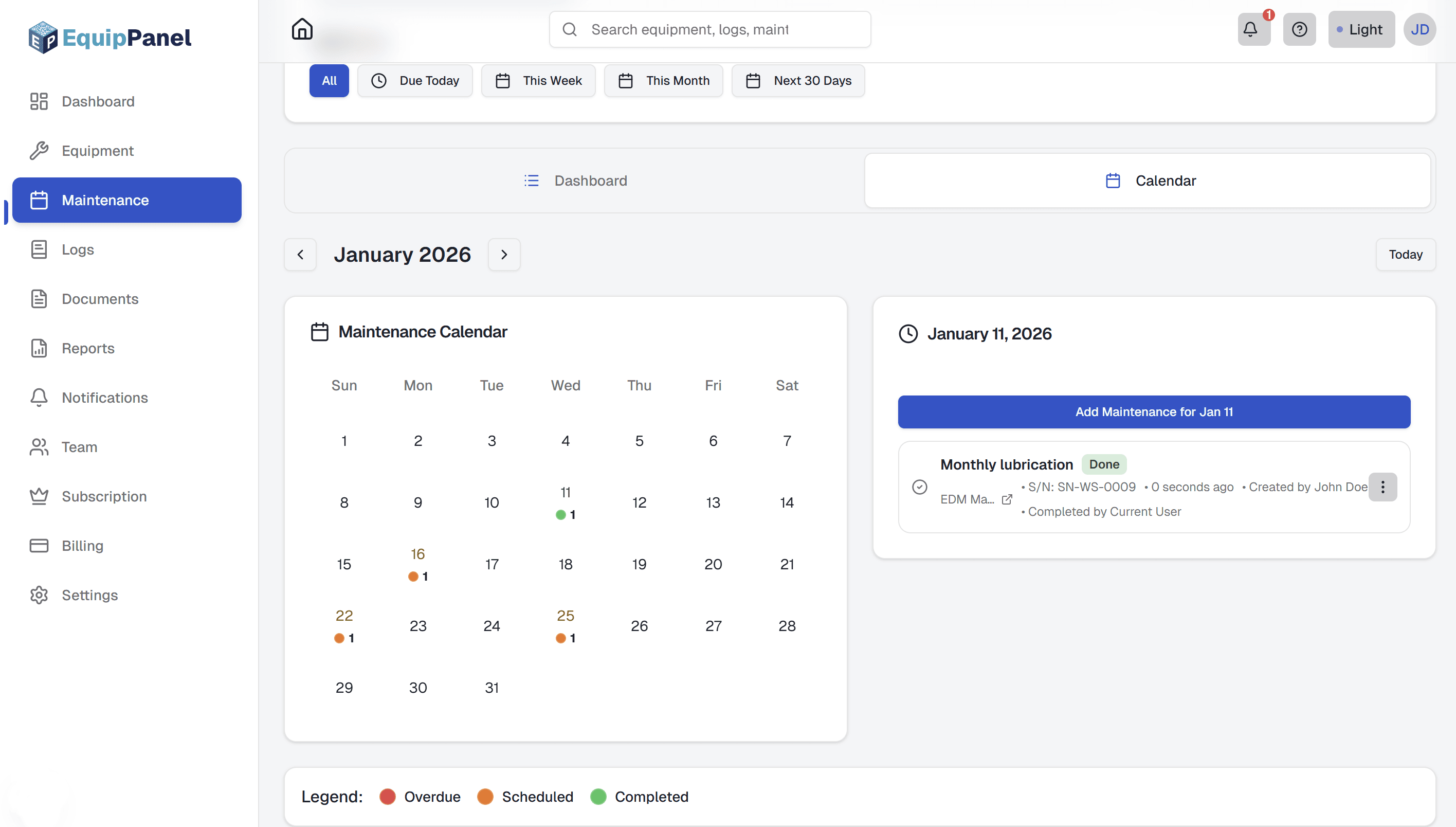 Maintenance dashboard Calendar tab showing monthly calendar view with color-coded dots indicating maintenance tasks, date selection, and task details panel