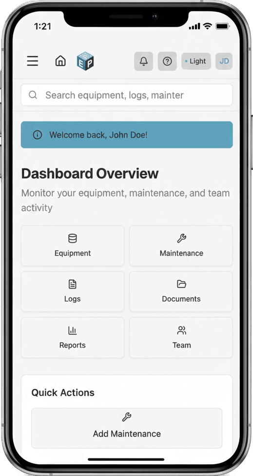 EquipPanel mobile interface showing equipment profile view with clean, simple design optimized for touch interaction