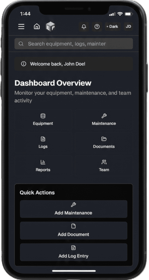 EquipPanel mobile interface showing equipment profile view with clean, simple design optimized for touch interaction