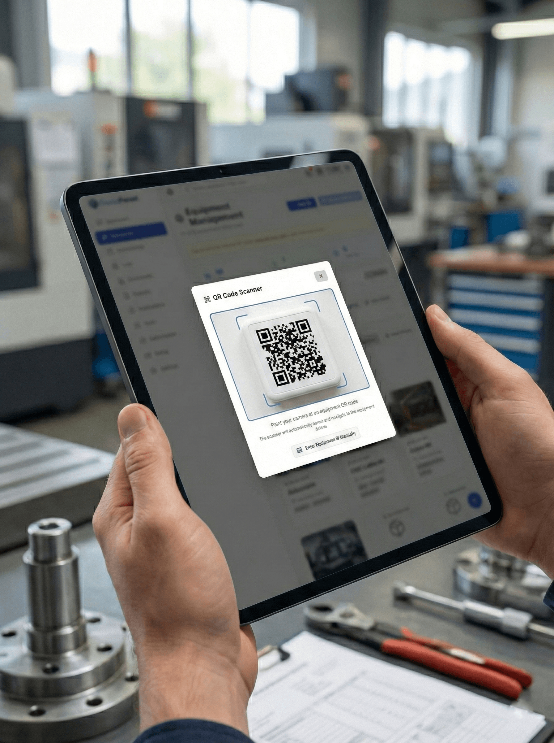 Mobile phone or tablet screenshot showing the equipment profile view after scanning QR code. Displays equipment name at top, maintenance schedule section, recent logs list, and documents/files section with mobile-first design