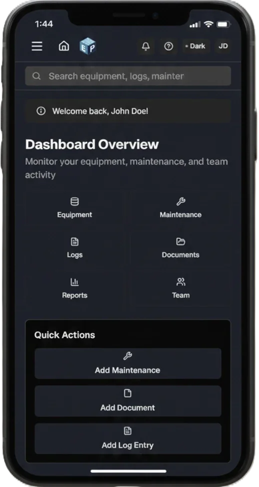 EquipPanel mobile interface showing equipment profile view with clean, simple design optimized for touch interaction
